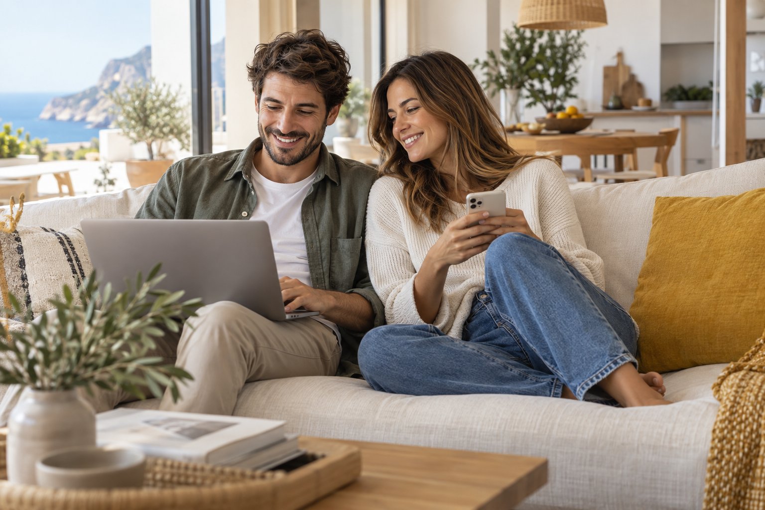 Pareja disfrutando del portátil y del móvil en casa